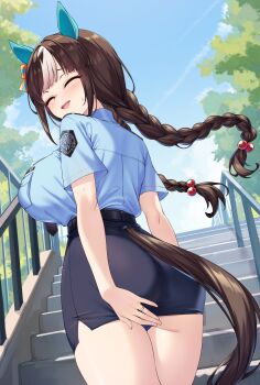 1girl alternate_costume animal_ears ass black_hair black_skirt blue_shirt braid breasts brown_hair brown_tail closed_eyes commentary_request ear_covers gloves hair_bobbles hair_ornament highres hokko_tarumae_(umamusume) horse_ears horse_girl horse_tail large_breasts long_hair looking_at_viewer looking_back low_twin_braids open_clothes pencil_skirt police police_uniform policewoman shirokuma_a shirt short_sleeves skirt smile solo stairs standing sweat tail thighs twin_braids umamusume white_gloves white_hair white_streaks