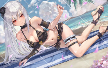 1girl beach beach_towel bikini bilingual_commentary black_bikini black_bridal_gauntlets black_choker black_sandals breasts bridal_gauntlets choker choppy_bangs cleavage closed_mouth cloud cloudy_sky collarbone commentary day empyreal_dawn english_commentary eris_(empyreal_dawn) fingernails frilled_bikini frilled_thigh_strap frills full_body hair_between_eyes highres long_hair looking_at_viewer maro2ki3 medium_breasts mixed-language_commentary nail_polish navel ocean outdoors purple_nails red_eyes sandals single_bridal_gauntlet sky smile solo swimsuit thigh_strap toenail_polish toenails towel watermark white_hair