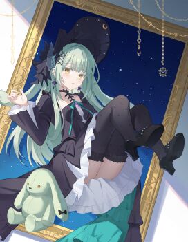 1girl absurdres animal_ears arknights bang_dream! bang_dream!_it&#039;s_mygo!!!!! black_bonnet black_choker black_dress black_shoes black_thighhighs bonnet chain chinese_commentary choker commentary_request dress floppy_ears frilled_thighhighs frills full_body gothic_lolita green_hair hair_ornament high_heels highres knees_up lolita_fashion long_hair long_sleeves looking_at_viewer lyrae picture_frame rabbit_ears rabbit_girl shoes sidelocks sitting solo stuffed_animal stuffed_rabbit stuffed_toy thighhighs wakaba_mutsumi wakaba_mutsumi_(marionette&#039;s_id) x_hair_ornament yellow_eyes