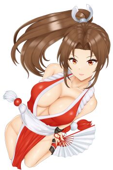 1girl arms_behind_back breasts brown_hair cleavage fatal_fury female_focus hand_fan holding holding_fan kneeling large_breasts long_hair looking_at_viewer no_bra orange_eyes pelvic_curtain pink_lips ponytail shiranui_mai smile solo