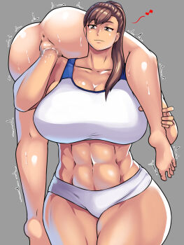 2girls abs akune_tanuru alternate_costume anus breasts capcom carrying_over_shoulder chun-li cleavage eyeliner femdom fisting highres huge_breasts long_hair makeup multiple_girls muscular muscular_female musical_note navel nude object_insertion shiny_skin short_shorts shorts size_difference smile sports_bra street_fighter sweat thick_thighs thighs trembling vaginal vaginal_object_insertion yuri