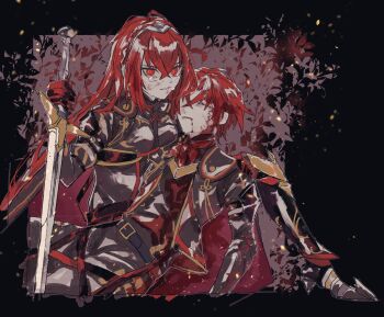1boy 1girl amamorimori crossed_bangs dark_persona female_alear_(fell_child)_(fire_emblem) female_alear_(fire_emblem) female_alear_(fell_child)_(fire_emblem) fire_emblem fire_emblem_engage looking_at_viewer male_alear_(fell_child)_(fire_emblem) male_alear_(fell_child)_(fire_emblem) male_alear_(fire_emblem) nintendo official_alternate_color official_alternate_eye_color official_alternate_hair_color red_eyes red_hair tiara