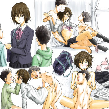 1girl 2boys age_difference aporon aporon_(artist) bag black_hair blouse blue_shirt blush bottomless bra bra_lift breasts brown_hair clothes_lift completely_nude erogaki expressionless group_sex hair_between_eyes hand_on_another's_ass height_difference hetero holding holding_bag kiss messy_hair missionary mmf_threesome multiple_boys nipples nude older_female_and_younger_male onee-shota open_clothes open_shirt panties panties_around_leg restrained sex shirt short_hair shota skirt small_areolae small_breasts small_nipples socks spread_legs teenage_girl_and_younger_boy threesome underwear unworn_bra unworn_panties unworn_shirt unworn_skirt vaginal white_shirt