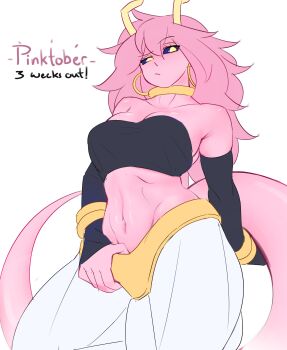 1girl absurdres android_21 ashido_mina black_sclera black_tank_top boku_no_hero_academia bracelet breasts cleavage colored_sclera colored_skin commentary cosplay crop_top dragon_ball dragon_ball_fighterz earrings english_commentary english_text hand_on_own_tail hhholic highres holding_own_tail hoop_earrings horns jewelry large_breasts long_hair looking_at_viewer majin_android_21 majin_android_21_(cosplay) midriff navel pink_hair pink_skin simple_background skin_color_connection solo stomach tail tank_top yellow_eyes