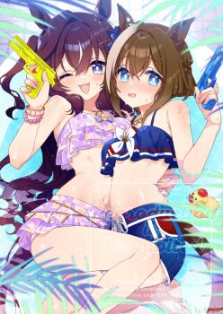 2girls ;d alt_text animal_ears bikini blue_bikini blue_bow blue_eyes blue_swim_trunks bow bracelet braid brown_hair cheval_grand_(summer_calm_navy_drop)_(umamusume) cheval_grand_(umamusume) commentary_request ear_bow ear_ornament hair_between_eyes half_up_braid hand_on_another&#039;s_waist heart heart_necklace holding holding_water_gun horse_ears horse_girl horse_tail jewelry koruri long_hair looking_at_viewer multicolored_hair multiple_girls navel necklace official_alternate_costume one_eye_closed open_mouth purple_bikini purple_eyes rubber_duck short_hair_with_long_locks siblings sisters smile star_(symbol) star_necklace streaked_hair swimsuit tail umamusume vivlos_(eclat_d&#039;ete)_(umamusume) vivlos_(umamusume) water water_gun watermark white_hair