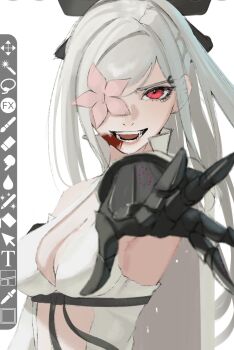 1girl art_program_in_frame bare_shoulders black_bow blood blood_in_mouth bow breasts cleavage drag-on_dragoon drag-on_dragoon_3 dress flower flower_over_eye hair_bow hair_ornament highres long_hair looking_at_viewer mechanical_arms medium_breasts mercaxy red_eyes simple_background smile solo white_background white_dress white_hair zero_(drag-on_dragoon)