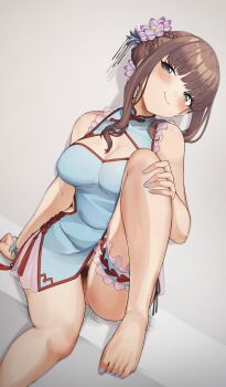 Rule 34 | 1girl, absurdres, blue dress, bottomless, breasts, brown hair, china dress, chinese clothes, cleavage, commission, dress, female pubic hair, flower, green eyes, gridman universe, gridman universe (movie), hair flower, hair ornament, highres, looking at viewer, medium breasts, minami yume, pixiv commission, pubic hair, r-man, short dress, sleeveless, sleeveless dress, smile, solo, ssss.dynazenon, thigh strap