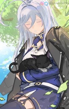 Rule 34 | 1girl, 86 -eightysix-, absurdres, animal, antenna hair, artist name, belt, black cat, blue jacket, blue skirt, blue thighhighs, breasts, brown jacket, cat, closed eyes, commentary request, day, double-parted bangs, garter straps, hair between eyes, hair over shoulder, highres, holding, holding animal, holding cat, instagram logo, instagram username, jacket, jacket on shoulders, knowname, long hair, long sleeves, medium breasts, military uniform, miniskirt, mixed-language commentary, multicolored jacket, o-ring, o-ring belt, open clothes, open jacket, outdoors, parted lips, pencil skirt, signature, sitting, skirt, sleeping, solo, swept bangs, thighhighs, tp (86 -eighty-six-), tree, turtleneck, turtleneck jacket, twitter logo, twitter username, two-tone jacket, two-tone skirt, vladilena millize, white belt, white hair, white jacket, white skirt, zettai ryouiki