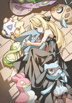 absurdres black_dress blonde_hair cloudsmoothie cynthia_(pokemon) dress feebas gen_2_pokemon gen_3_pokemon gen_4_pokemon gible highres nintendo one_eye_closed pokemon pokemon_dppt riolu shellos shellos_(west) sleepy smile spiritomb togepi wink