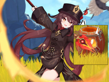 1girl black_hat black_nails blush breasts brown_hair brown_shirt flower flower-shaped_pupils genshin_impact grass hair_flower hair_ornament hat highres hilichurl_(genshin_impact) holding holding_polearm holding_weapon hu_tao_(genshin_impact) jewelry kurotsubete long_hair looking_at_viewer open_mouth polearm pyro_slime_(genshin_impact) red_eyes ring shirt slime_(genshin_impact) small_breasts speech_bubble staff_of_homa_(genshin_impact) symbol-shaped_pupils tall_grass thighs twintails weapon