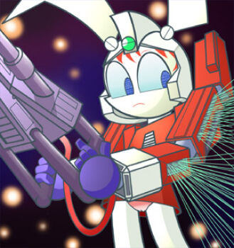 1girl blue_eyes buibui_(pixiv_3799232) cosplay crossover densetsu_kyojin_ideon ideon ideon_(cosplay) jenny_wakeman long_hair looking_to_the_side lowres mecha my_life_as_a_teenage_robot nickelodeon panties pantyshot red_hair robot standing twintails underwear weapon white_hair