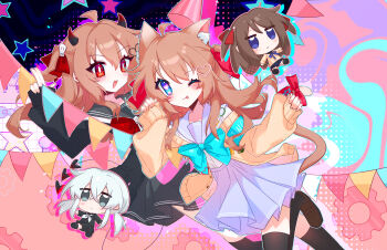 4girls absurdres ahoge animal_ears aqua_bow aqua_bowtie black_horns black_sailor_collar black_serafuku black_skirt black_thighhighs blue_eyes blue_sailor_collar blue_skirt bow bowtie brown_hair cardigan cat_ears cat_girl cat_tail chibi closed_mouth commentary_request evil_neuro-sama hair_ornament heart heart-shaped_pupils heart_hair_ornament highres horns long_hair long_sleeves looking_at_viewer momose_hiyori multiple_girls neuro-sama off-shoulder_cardigan one_eye_closed open_mouth pleated_skirt red_bow red_bowtie red_eyes sailor_collar school_uniform serafuku skirt sleeves_past_wrists study-sama symbol-shaped_pupils tail thighhighs tongue tongue_out two_side_up user_hmyv8473 vedal_ai virtual_youtuber yellow_cardigan
