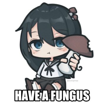 1girl bitten black_hair black_ribbon black_sailor_collar black_skirt blue_eyes brown_shoes chibi chibi_only closed_mouth english_text expressionless hair_between_eyes highres holding holding_mushroom image_macro_(meme) impact_(font) light_blush long_hair looking_at_viewer meme mushroom mushroom_on_head pleated_skirt ribbon sailor_collar school_uniform serafuku shimeji_simulation shimejimee shoes sitting skirt socks solo tsukishima_shijima twitter_username white_serafuku white_socks