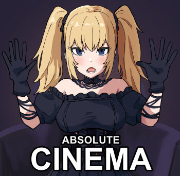 Rule 34 | 1girl, absolute cinema (meme), ani (xai), black choker, black gloves, blonde hair, blue eyes, breasts, choker, commentary, dress, english text, gloves, hands up, highres, lace-trimmed choker, lace trim, large breasts, long hair, looking at viewer, meme, off-shoulder dress, off shoulder, puffy short sleeves, puffy sleeves, short sleeves, sitting, solo, straight-on, tenten (chan4545), twintails, twitter