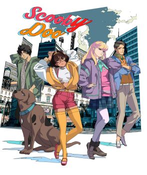 2boys 2girls animal_collar animification arms_behind_head ascot belt blonde_hair blue_eyes blue_jacket blue_nails brown_footwear brown_hair buttons checkered_clothes checkered_skirt city cityscape collar colored_shadow commentary copyright_name crossed_arms daphne_blake dog ear_piercing edoya_inuhachi facial_hair fashion fred_jones fringe_trim glasses green_ascot green_jacket highres jacket leggings long_hair looking_at_viewer loose_clothes messy_hair multiple_boys multiple_girls nail_polish one_eye_closed open_clothes open_jacket orange_jacket orange_shirt orange_thighhighs pants pantyhose piercing pink_shirt purple_eyes purple_jacket red-framed_eyewear red_footwear red_shorts redesign scooby-doo scooby-doo_(character) shadow shaggy_rogers shirt short_hair short_shorts shorts skirt thighhighs velma_dinkley white_belt white_footwear white_leggings white_shirt