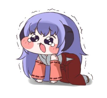 1girl all_fours blush_stickers brown_sandals chibi commentary_request detached_sleeves full_body gaou_(babel) hakama hakama_skirt hanyuu higurashi_no_naku_koro_ni horns japanese_clothes kimono long_hair long_sleeves meme open_mouth pink_sleeves purple_hair red_hakama ribbon-trimmed_sleeves ribbon_trim sandals shadow simple_background skirt sleeveless sleeveless_kimono socks solo speakiposting_(meme) tabi tears trembling very_long_hair wavy_eyes white_background white_kimono white_socks wide_sleeves zouri