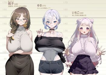3girls bare_shoulders black_choker black_shorts black_skirt blonde_hair blue_eyes blue_hair blush braid breasts brown_eyes brown_hair choker closed_mouth collarbone colored_inner_hair covered_navel denim double_bun glasses grey_sweater grin hair_bun height_chart high-waist_shorts high-waist_skirt huge_breasts leotard lineup long_hair long_sleeves looking_at_viewer multicolored_hair multiple_girls off_shoulder open_mouth pink_eyes pink_hair ribbed_sweater round_eyewear sakusakusakurai shirt short_hair short_shorts shorts skirt sleeveless sleeveless_shirt sleeveless_sweater smile sweater teeth turtleneck yellow_eyes