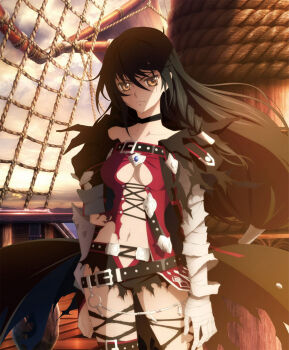 Rule 34 | 1girl, artist request, bandaged arm, bandages, black choker, black hair, breasts, choker, cleavage, closed mouth, cowboy shot, highres, long hair, looking at viewer, mast, medium breasts, official art, on ship, pirate ship, rope, ship, shorts, single vambrace, solo, standing, tales of (series), tales of berseria, thighhighs, third-party source, torn clothes, torn shorts, torn thighhighs, vambraces, velvet crowe, very long hair, watercraft, yellow eyes