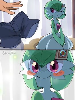 1girl 1other ;o absurdres artist_name blue_shorts blush_stickers bongftah closed_mouth commentary curtains gardevoir gen_3_pokemon green_hair highres male_underwear nintendo one_eye_closed pokemon pokemon_(creature) pokephilia purple_eyes short_hair shorts smile symbol-only_commentary underwear unworn_male_underwear