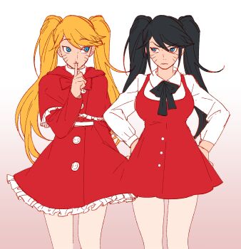 2girls bad_id bad_pixiv_id black_hair blonde_hair blue_eyes breasts capelet cowboy_shot dress facial_mark finger_to_mouth frilled_dress frills genderswap genderswap_(mtf) hair_between_eyes hands_on_own_hips highres large_breasts looking_at_another multiple_girls naruko_(naruto) naruto:_road_to_ninja naruto_(classic) naruto_(series) naruto_shippuuden noeunjung93 red_dress sexy_no_jutsu shirt short_dress shushing swept_bangs twintails uzumaki_menma uzumaki_naruto whisker_markings white_background white_shirt