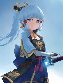 1girl amenoma_kageuchi_(genshin_impact) arm_guards armor armored_dress ayaka_(genshin_impact) blue_dress blue_eyes blue_hair blue_shirt blunt_bangs blush breastplate breasts bridal_gauntlets commentary cowboy_shot detached_sleeves dou dress genshin_impact hair_ornament highres japanese_armor jewelry kamisato_clan_(emblem) katana large_breasts long_hair looking_at_viewer neck_ring open_clothes open_shirt ponytail revision rope s.w shirt short_sleeves sidelocks smile solo sword tassel weapon