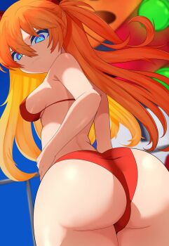 1girl artist_request ass bare_shoulders bikini blue_eyes blue_sky breasts brown_hair day eva_02 from_behind from_below hand_on_own_hip huge_ass large_breasts leg_up legs long_hair looking_back neon_genesis_evangelion red_bikini shaded_face shiny_skin sideboob simple_background sky solo souryuu_asuka_langley standing swimsuit thighs thong thong_bikini tsundere two_side_up