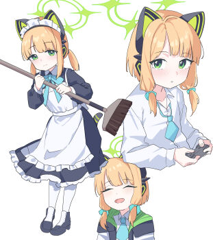 1girl absurdres animal_ear_headphones animal_ears apron aqua_bow aqua_bowtie aqua_necktie black_boots black_dress blonde_hair blue_archive blush boots bow bowtie broom cat_ear_headphones cat_ears cat_tail closed_eyes closed_mouth collarbone collared_dress collared_shirt commentary contrast_collar controller cropped_torso dot_nose dress dress_shirt fake_animal_ears fake_tail frilled_apron frilled_dress frills full_body game_controller green_eyes green_halo green_jacket halo headphones highres holding holding_broom holding_controller holding_game_controller hood hooded_jacket isuka_(isuka_83) jacket long_sleeves looking_at_viewer looking_to_the_side maid maid_apron maid_headdress midori_(blue_archive) midori_(maid)_(blue_archive) multicolored_jacket multiple_views necktie official_alternate_costume open_clothes open_jacket open_mouth pantyhose parted_bangs parted_lips puffy_long_sleeves puffy_sleeves school_uniform shirt short_hair short_necktie sidelocks simple_background smile standing tail twintails upper_body white_apron white_background white_headdress white_jacket white_mouth white_pantyhose white_shirt
