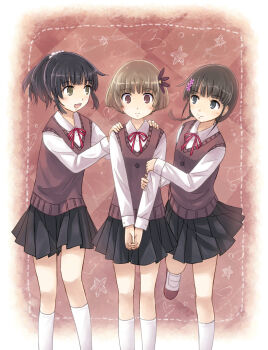 3girls bad_id bad_pixiv_id black_hair blue_eyes blush brown_eyes brown_hair flower green_eyes hair_ornament looking_at_viewer multiple_girls open_mouth original school_uniform short_hair skirt smile sweater_vest yakka