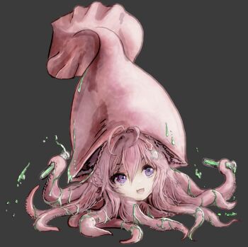 1girl :d ahoge braid hair_between_eyes hair_ornament hakui_koyori heart heart-shaped_hair highres holding holding_test_tube hololive long_hair monster_girl nymph_rhythm open_mouth pink_eyes pink_hair simple_background smile solo tentacle_hair tentacles test_tube transformation virtual_youtuber what