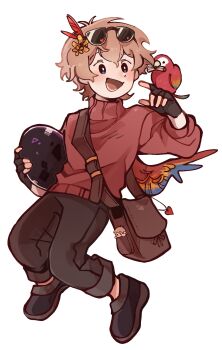 1boy :d absurdres animification anmitsu_(anmitsu40919780) bag bag_charm bird bird_boy bird_on_hand bird_wings black_gloves black_pants black_shoes blue_eyes brown_bag brown_hair character_doll charm_(object) commentary doll dragon_egg_(minecraft) egg english_commentary eyewear_on_head feather_hair_ornament feathers fingerless_gloves flipped_hair flower full_body gloves grian_(youtuber) hair_between_eyes hair_flower hair_ornament heart hermitcraft highres holding holding_egg life_heart_(traffic_life) long_sleeves macaw male_focus messenger_bag minecraft minecraft_youtube open_mouth pants parrot parrot_boy red_sweater scarlet_macaw shoes short_hair shoulder_bag simple_background smile solo sunglasses sweater tachi-e traffic_life_series white_background wings yellow_flower