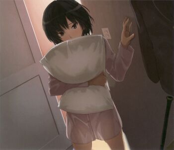 1girl amagami baseball_bat black_hair brown_eyes cropped female_focus highres hugging_object light_switch messy_hair nanasaki_ai nightgown no_pants official_art pillow pillow_hug reference_work scan see-through_silhouette short_hair shy solo takayama_kisai