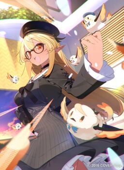 &gt;_&lt; 1girl belt benio_(dontsugel) bird black_bow black_choker black_hat blonde_hair blue_bow blue_hat blurry bow breasts brown_eyes choker cloud collarbone company_name dark-skinned_female dark_elf dark_skin dress elf from_below grey_belt grey_dress hair_between_eyes hand_up hat hololive hololive_fantasy indoors large_breasts leaf long_hair long_sleeves looking_at_viewer official_alternate_costume official_art open_mouth pinstripe_dress pinstripe_pattern pointy_ears sailor_collar shiranui_flare shiranui_flare_(street) sidelocks sky solo standing striped_clothes striped_dress teeth vertical-striped_clothes vertical-striped_dress very_long_hair virtual_youtuber white_sailor_collar wide_sleeves window