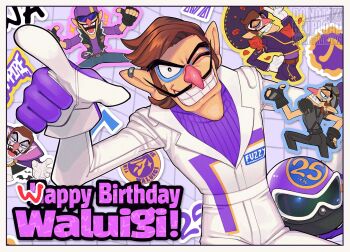 Rule 34 | 1boy, armor, large nose, black pants, blue eyeliner, blue pants, blue vest, bodysuit, brown hair, cape, cleft chin, collared cape, domino mask, eye mask, eyeliner, facial hair, goggles, goggles on headwear, grey shirt, happy birthday, hat, helmet, highres, long sleeves, m516, makeup, mario (series), mario kart, mario kart world, mask, multiple persona, mustache, nintendo, official alternate costume, pants, pointy nose, purple-tinted eyewear, purple cape, racing suit, shirt, short hair, short sleeves, shoulder armor, sombrero, spiked belt, sunglasses, suspenders, sweater guard, tinted eyewear, torn vest, undershirt, vampire costume, vest, waluigi, waluigi (biker), waluigi (mariachi), waluigi (pro racer), waluigi (road ruffian), waluigi (vampire), white bodysuit