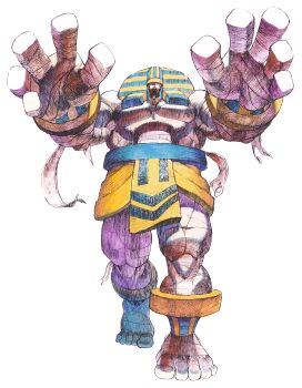 Rule 34 | absurdres, anakaris, ancient egyptian, bandaged arm, bandaged chest, bandaged leg, bandaged torso, bandages, bengus, darkstalkers, facing viewer, full body, game cg, giant, glowing, glowing eyes, highres, mummy, nemes, non-web source, official art, open mouth, outstretched arms, painting (medium), shendyt, simple background, solo, traditional media, watercolor (medium), white background