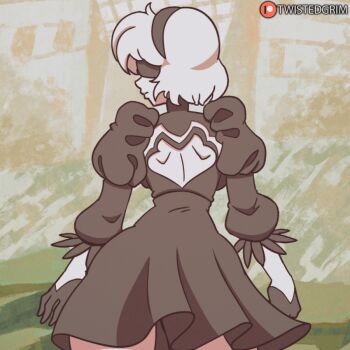 1girl android animated animated_gif ass ass_shake black_hairband blindfold breasts dancing from_behind gloves hairband looking_at_viewer nier:automata nier_(series) shiny_skin short_hair silver_hair smile tagme twistedgrim 2b_(nier:automata)