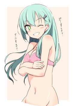 1girl aqua_hair blush border bra breasts collarbone commentary_request crossed_arms green_eyes hair_between_eyes hair_ornament hairclip kantai_collection kugui_kiyunemu long_hair looking_at_viewer medium_breasts navel one_eye_closed open_mouth orange_background outside_border pink_bra sidelocks simple_background solo stomach suzuya_(kancolle) teeth translation_request underwear upper_body white_border