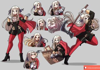 1girl artist_name axe black_footwear blood blood_on_clothes blood_on_face blush closed_eyes crying edelgard_von_hresvelg eyes_visible_through_hair fire_emblem fire_emblem:_three_houses garreg_mach_monastery_uniform gloves grey_background head_tilt high_heels highres holding holding_axe holding_behind_back holding_weapon holding_weapon_behind_back kinkymation long_hair looking_at_viewer map multiple_views nintendo open_mouth pantyhose patreon_username pillow purple_eyes red_pantyhose reference_sheet shorts simple_background smile standing table teeth tongue torn_clothes watermark weapon white_hair