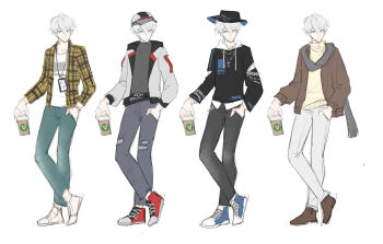 1boy alternate_costume aqua_pants artist_collaboration black_hat black_pants blue_eyes brown_jacket brown_shoes closed_mouth commentary cup disposable_coffee_cup disposable_cup english_commentary grey_jacket grey_pants grey_scarf grey_shirt hand_in_pocket hat highres holding holding_cup honkai_(series) honkai_impact_3rd id_card jacket kevin_kaslana lanyard looking_at_viewer male_focus multiple_views pants plaid_clothes plaid_jacket red_shoes reference_sheet sang_sha scarf shirt shoes short_hair simple_background sketch sneakers white_background white_hair white_pants white_shirt yellow_jacket yellow_shirt zelian