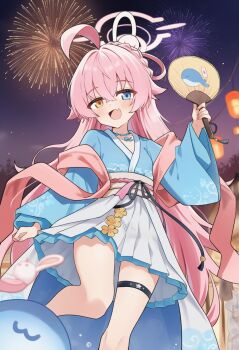 1girl aerial_fireworks ahoge alternate_costume blue_archive blue_eyes blue_kimono blush fang fireworks hair_between_eyes halo hand_fan heterochromia highres holding holding_fan hoshino_(blue_archive) hoshino_(mid-autumn_festival)_(blue_archive) huge_ahoge japanese_clothes kimono long_hair long_sleeves looking_at_viewer open_mouth paper_fan pink_hair pink_halo pleated_skirt sash skin_fang skirt smile solo thigh_strap uchiwa upstang1 wide_sleeves yellow_eyes