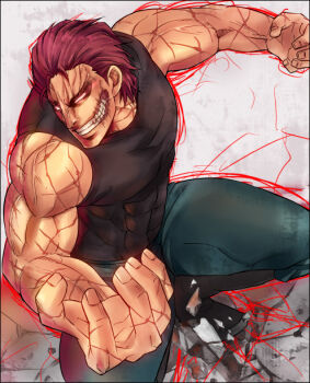 Rule 34 | 1boy, aura, biceps, black boots, black tank top, blue pants, boots, cheek injury, commentary request, covered abs, crack, cracked floor, glowing, glowing eyes, grin, hair slicked back, muscular, muscular male, namari (kashin1215), no pupils, open hands, pants, red hair, scar, scar on arm, scar on chest, scar on hand, short hair, sketch, smile, solo, squatting, tank top, teeth, toriko (series), zebra (toriko)