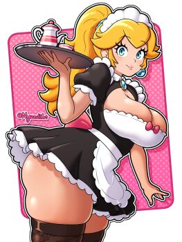 1girl absurdres alternate_costume apron black_dress blonde_hair blue_eyes breasts cleavage commentary cup dress earrings english_commentary floral_print_pantyhose highres holding holding_tray jewelry large_breasts lazuli_witch long_hair looking_at_viewer maid maid_apron maid_headdress mario_(series) nintendo princess_peach puffy_short_sleeves puffy_sleeves short_sleeves smile solo sphere_earrings tea teacup thighhighs thighs tray twitter_username white_apron wide_hips