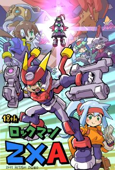 3girls 5boys aile_(mega_man_zx) anniversary armor artist_name ashe_(mega_man) banknote black_bodysuit blue_hair blue_jacket bodysuit brown_hair copyright_name cropped_jacket dark-skinned_male dark_skin dual_wielding facial_mark forehead_jewel green_hair grey_(mega_man) gun hat_ornament helmet high_ponytail highres holding holding_gun holding_weapon jacket long_hair master_albert_(mega_man) master_mikhail_(mega_man) master_thomas_(mega_man) mega_man_(series) mega_man_zx mega_man_zx_advent model_a_(mega_man) model_w_(mega_man) money multiple_boys multiple_girls ogino_hitoshi_(ogitchi) orange_jacket pandora_(mega_man) parted_lips ponytail prometheus_(mega_man) purple_armor red_eyes skull_hat_ornament smirk weapon white_armor white_helmet
