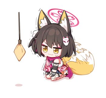 >:) 1girl :3 animal_ear_fluff animal_ears asymmetrical_legwear black_gloves blue_archive blue_sailor_collar blue_skirt blush brown_hair cherry_blossom_print chibi chibi_only closed_mouth colored_inner_animal_ears commentary eyeshadow fang fishnet_thighhighs fishnets floral_print floral_print_kimono fox_ears fox_girl fox_hair_ornament fox_tail full_body gloves hair_between_eyes hair_ornament halo hands_on_own_knees highres izuna_(blue_archive) japanese_clothes jitome kimono looking_at_object makeup medium_hair miniskirt mismatched_legwear neckerchief needle_(574187457) partially_fingerless_gloves pink_eyeshadow pink_halo pink_kimono pink_neckerchief pink_scarf pleated_skirt pom_pom_(clothes) pom_pom_hair_ornament print_kimono sailor_collar scarf school_uniform seiza serafuku shirt sidelocks simple_background single_thighhigh sitting skin_fang skirt sleeveless sleeveless_shirt smile solo sweatdrop tail tail_wagging tassel tassel_hair_ornament thighhighs trembling v-shaped_eyebrows white_background white_shirt yellow_eyes