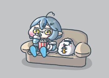 Rule 34 | 1girl, 1other, :3, ahoge, blue hair, blush stickers, chibi, chibi only, coat, commentary request, couch, drinking, drinking straw, drinking straw in mouth, eating, food, full body, grey background, hair ornament, hairpin, hand to own mouth, highres, hololive, isapi (sslm pipipi), on couch, pointy ears, popcorn, short hair, simple background, sitting, slippers, soda, virtual youtuber, yellow eyes, yukihana lamy, yukimin (yukihana lamy)