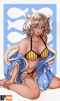 1girl absurdres animal_ears artist_logo artist_name bare_shoulders bikini blonde_hair blue_background blue_pajamas body_freckles border breasts cat_ears cat_girl cat_tail cleavage collarbone commentary commission dark-skinned_female dark_skin english_commentary final_fantasy final_fantasy_xiv fish_background foot_out_of_frame freckles hair_between_eyes highres kobi420 large_breasts lips logo looking_at_viewer medium_hair miqo'te navel open_mouth open_pajamas original pajamas purple_eyes shadow sitting slit_pupils solo swimsuit tail teeth upper_teeth_only wariza warrior_of_light_(ff14) white_border yellow_bikini yellow_tail
