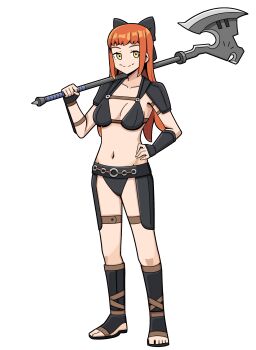 1girl absurdres axe charlotte_(fire_emblem) charlotte_(fire_emblem)_(cosplay) commission commissioner_upload cosplay facial_mark fire_emblem fire_emblem_engage hand_on_own_hip heckal highres holding holding_axe long_hair nintendo non-web_source orange_hair panette_(fire_emblem) short_bangs stitched_mouth stitches yellow_eyes