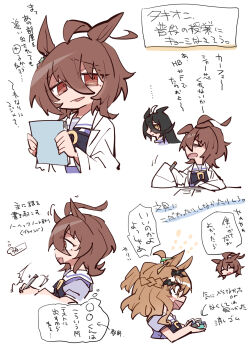 3girls =_= agnes_tachyon_(umamusume) ahoge arrow_(symbol) beer_hsk black_bow black_hair bow brown_eyes brown_hair chibi hair_between_eyes highres holding jungle_pocket_(umamusume) lab_coat manhattan_cafe_(umamusume) multicolored_hair multiple_girls open_clothes open_mouth profile puffy_short_sleeves puffy_sleeves purple_shirt school_uniform shirt short_sleeves simple_background tracen_school_uniform translation_request two-tone_hair umamusume white_background white_hair