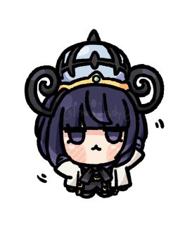 1girl black_dress blunt_bangs chibi chibi_only closed_mouth coat commentary_request dress gwynn_(pokemon) hat highres long_sleeves looking_at_viewer megapody_(jhhp4773) nintendo open_clothes open_coat pokemon pokemon_legends:_z-a purple_eyes purple_hair short_hair solo twitter_username white_background white_coat