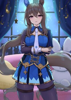 1girl absurdres admire_vega_(starry_nocturne)_(umamusume) admire_vega_(umamusume) animal_ears arms_under_breasts azuki_(azuki_azukki) black_gloves black_pantyhose blue_dress brown_hair commentary_request couch cowboy_shot crescent crossed_arms curtains cushion dress ear_covers fingerless_gloves gloves hair_between_eyes highres horse_ears horse_girl horse_tail long_hair long_sleeves looking_at_viewer pantyhose parted_lips purple_eyes single_ear_cover skindentation solo standing star_(symbol) stuffed_animal stuffed_rabbit stuffed_toy tail thigh_strap umamusume very_long_hair window