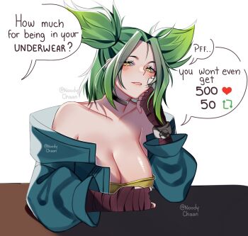 1girl bandaid bandaid_on_face bare_shoulders blue_jacket breasts brown_gloves choker cleavage english_text fingerless_gloves gloves green_hair half-closed_eyes highres jacket large_breasts league_of_legends looking_at_viewer noodychaan open_clothes open_jacket open_mouth parted_bangs short_hair sidelocks smug solo tank_top twintails twitter_strip_game twitter_username white_background yellow_eyes yellow_tank_top zeri_(league_of_legends)